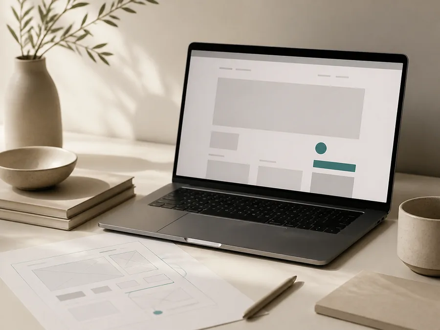 A homepage wireframe and laptop prepared for review