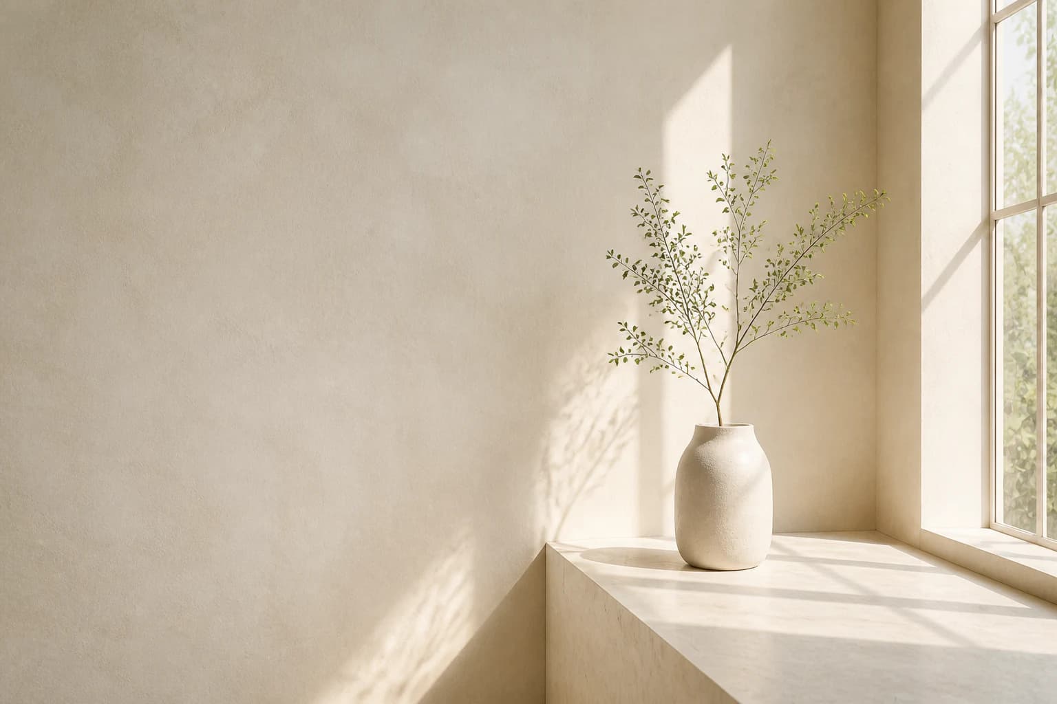 Warm natural light across a sculptural vase and architectural interior